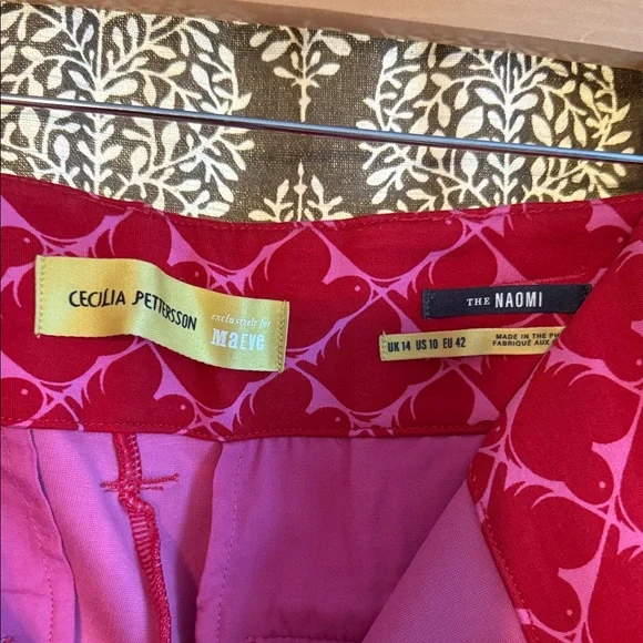 Anthropologie Maeve Naomi full length pant in red and pink bird print size 10 - Picture 3 of 4